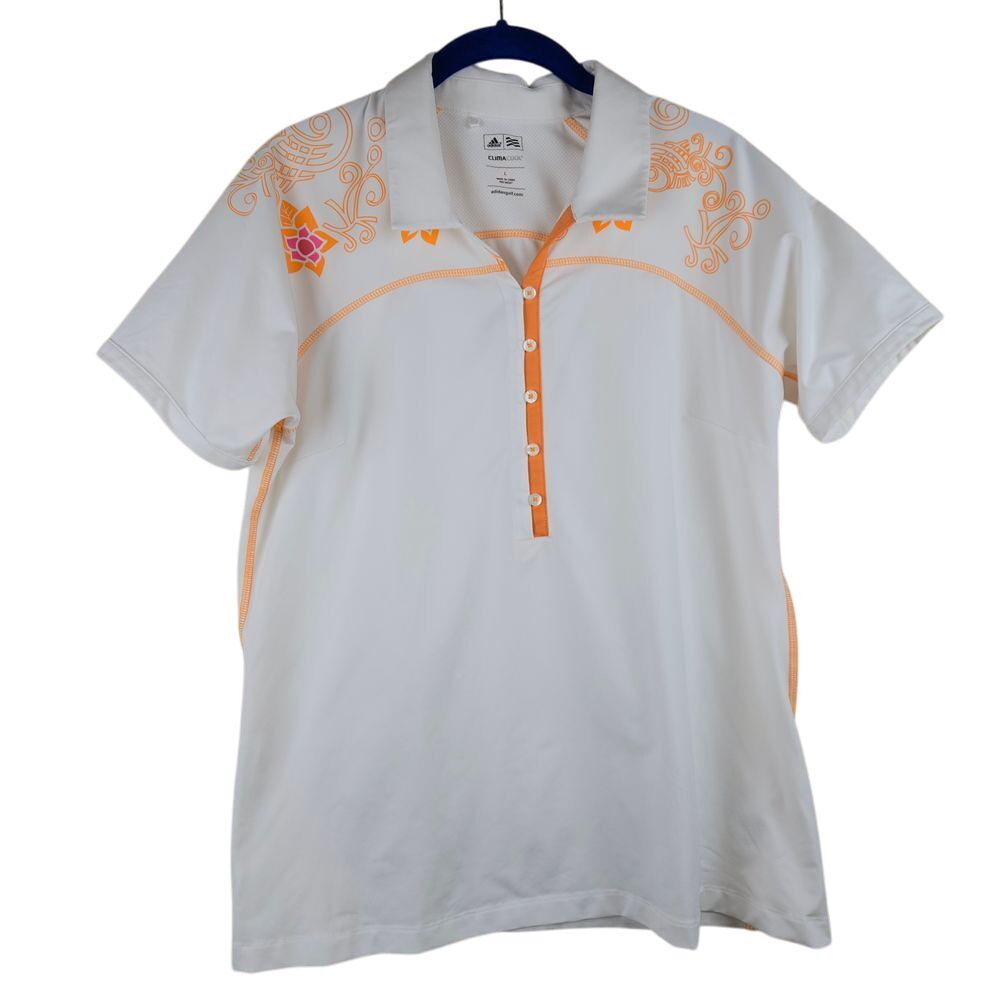 Adidas Womens Golf Polo Size Large Fitted Floral Retro Sports Athletic Orange